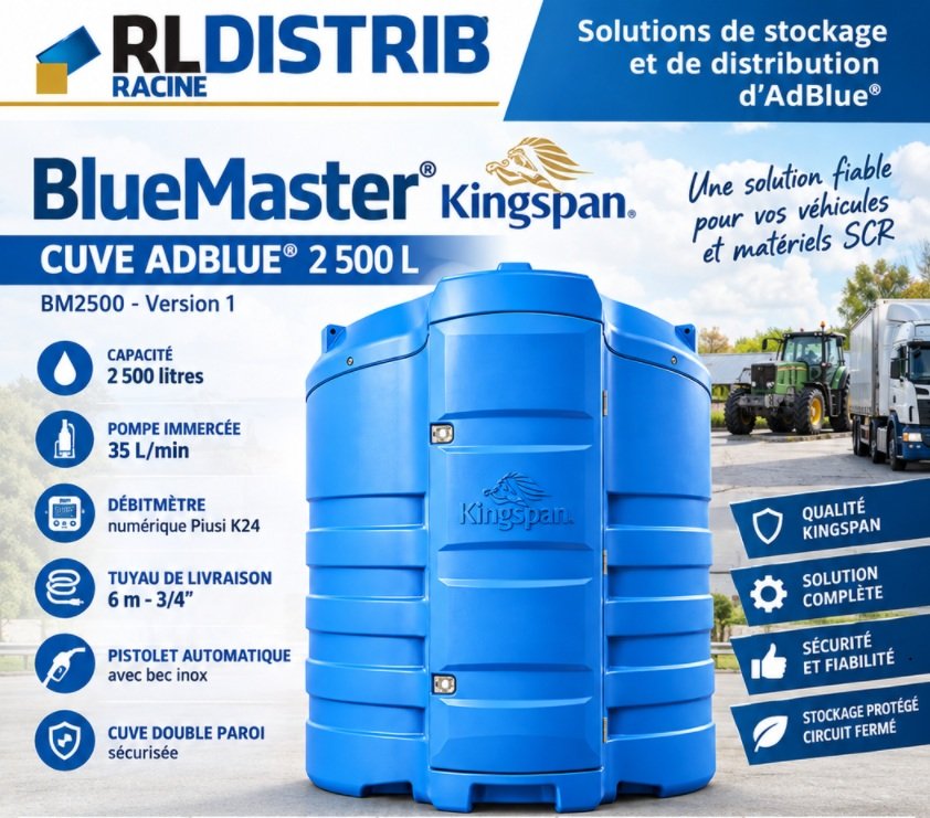 Cuve AdBlue 2500 L double paroi BlueMaster Kingspan, pompe 35 L/min, K24, tuyau 6 m et surveillance avanc&eacute;e. Distribution s&eacute;curis&eacute;e.